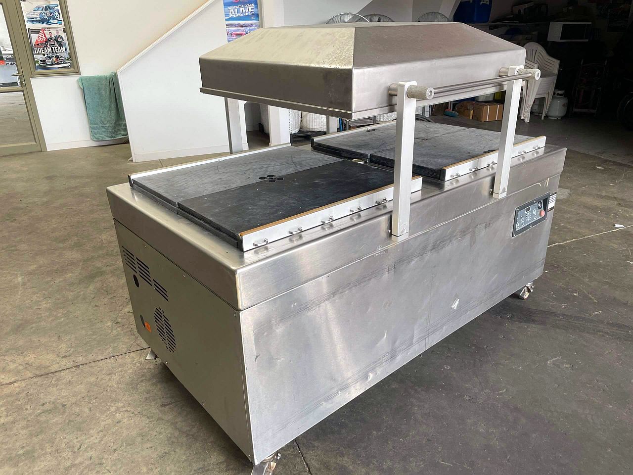 Used Stainless Swing Lid Twin Chamber Vacuum Packer with Modified Air